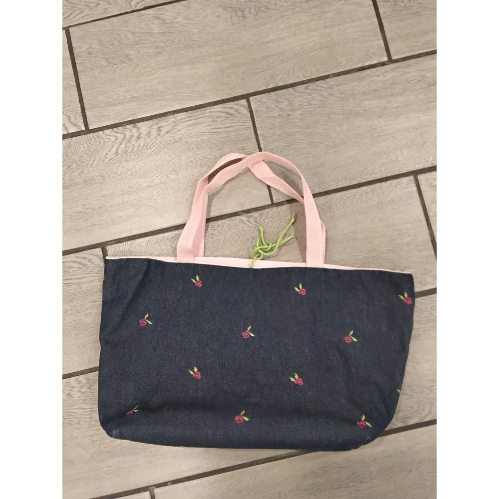 Denim Tote Bag Pink Floral Embroidery Cute Casual Everyday Shoulder Bag